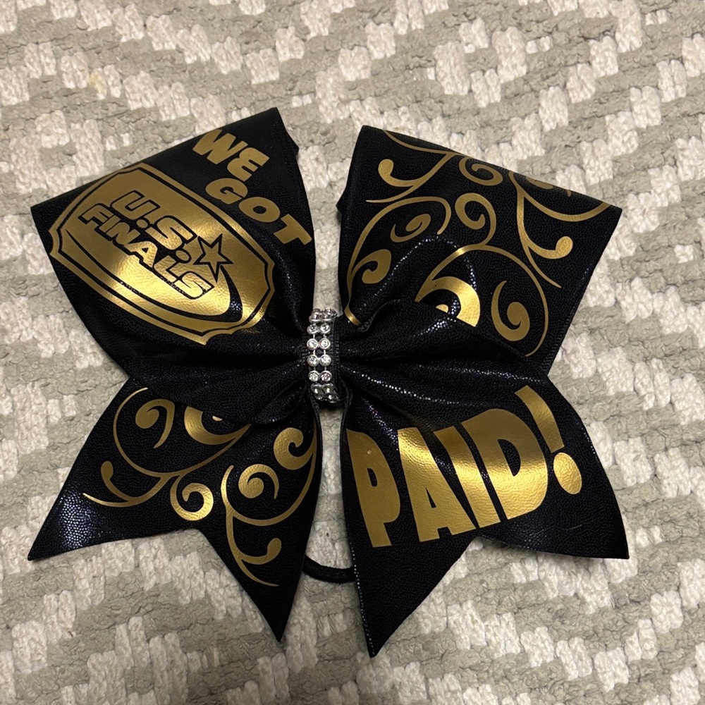 Black & Gold Cheer Bow with Rhinestone Center